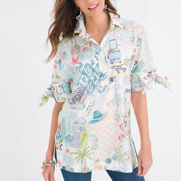 Chico's Women's Oversized Colorful White Bow-And-Grommet Tunic Popover Size 8 - Picture 1 of 11